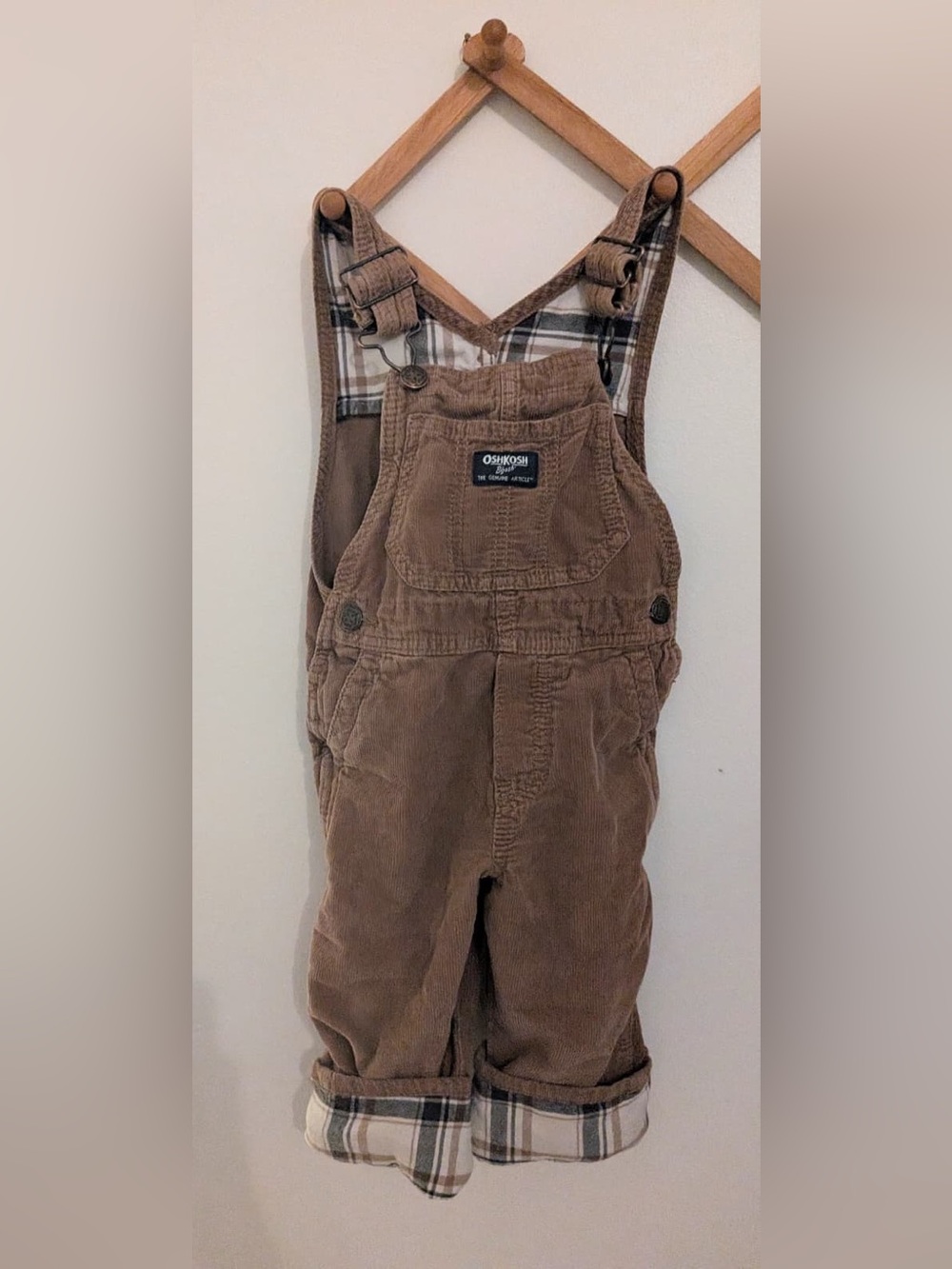OshKosh B'gosh Tan Corduroy Overalls with Plaid Lining